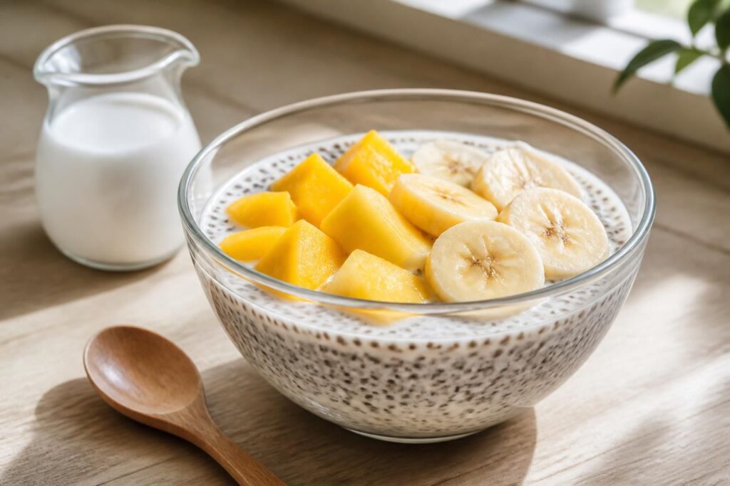 découvrez des recettes gourmandes de graines de chia au lait de coco, mêlant mangue et banane, avec des proportions idéales pour un dessert sain et délicieux.